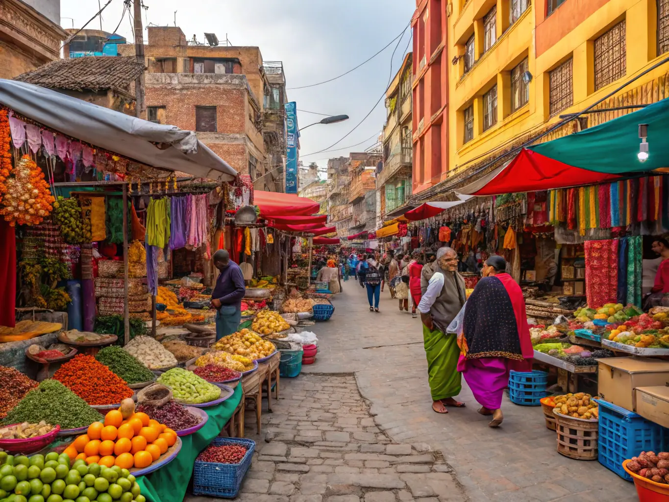 A photo of a vibrant street market in Southeast Asia, showcasing the local culture and the bustling atmosphere.