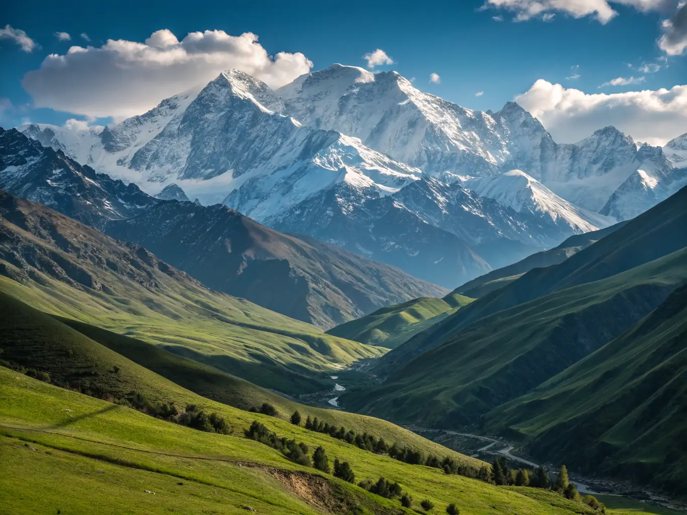 A breathtaking view of the Himalayas, with snow-capped peaks and lush valleys in the background.