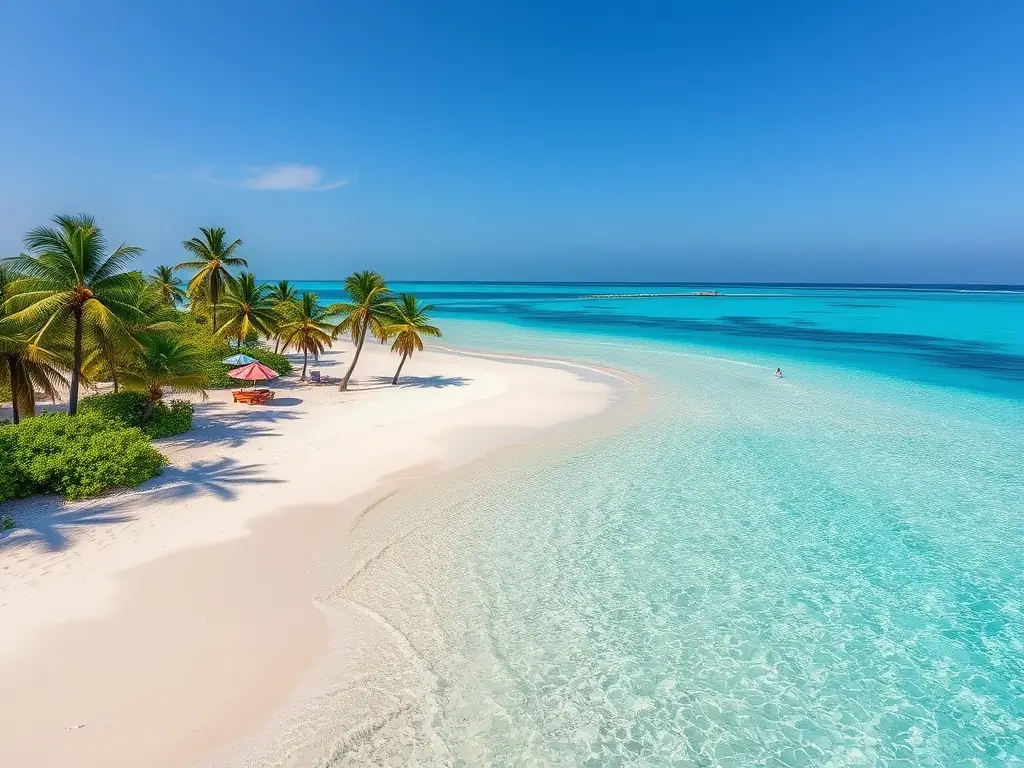 A stunning image of a Maldivian beach, with crystal-clear turquoise water and white sand.